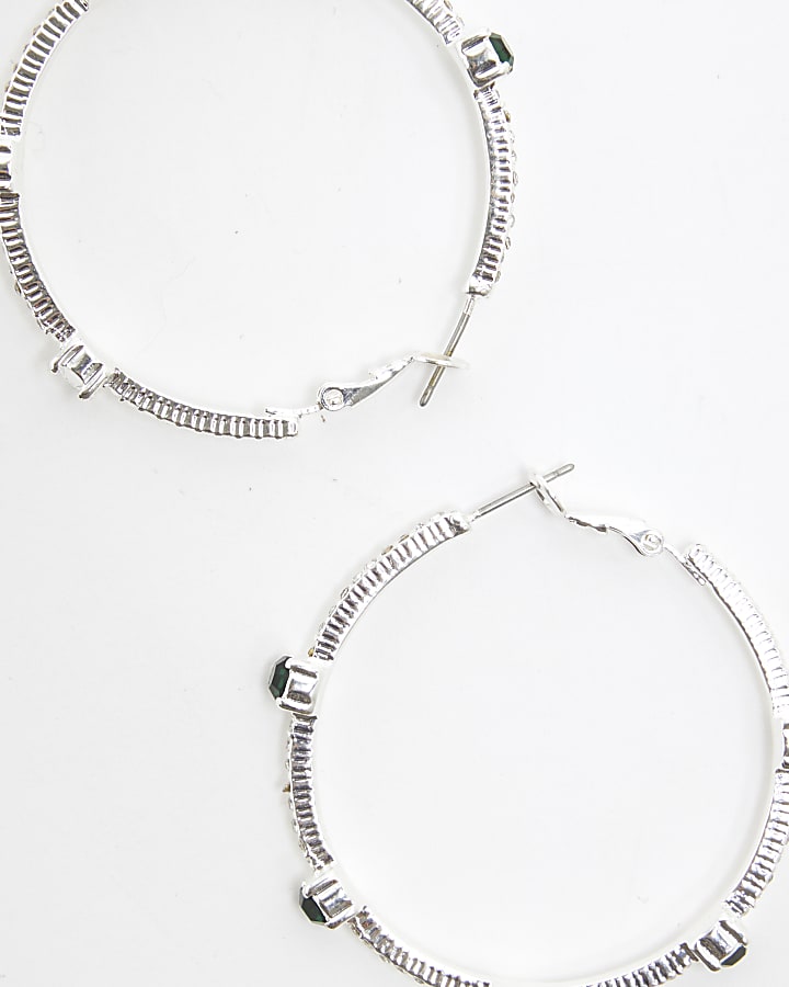 Silver Green Stone Hoop Earrings
