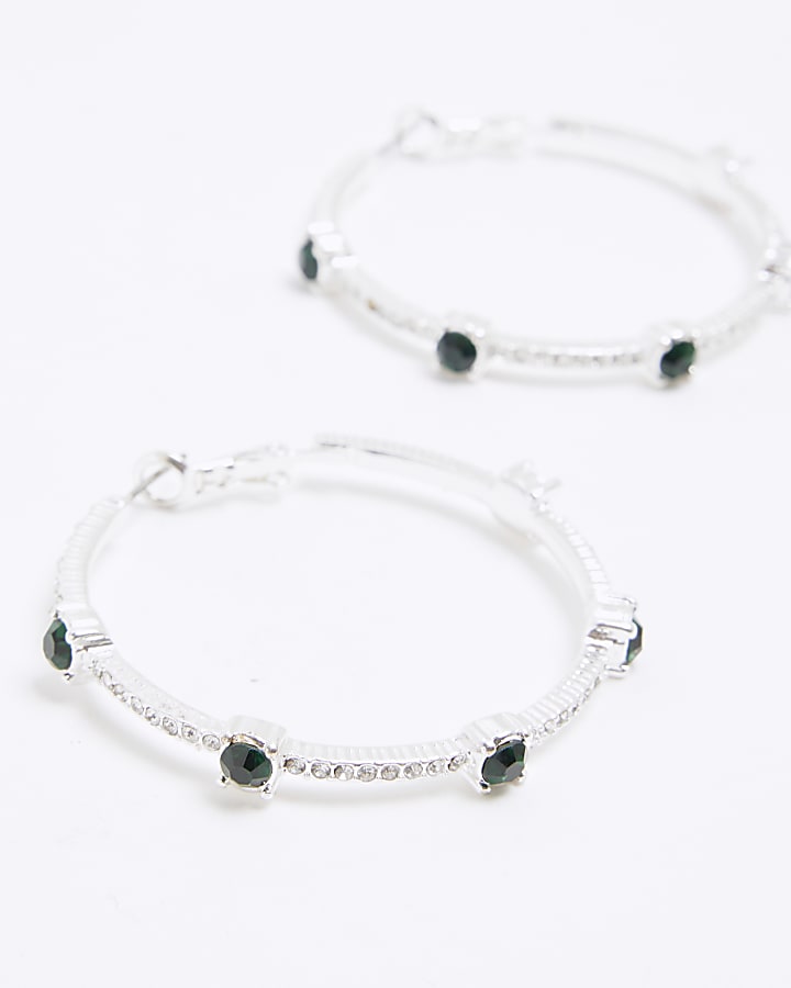 Silver Green Stone Hoop Earrings