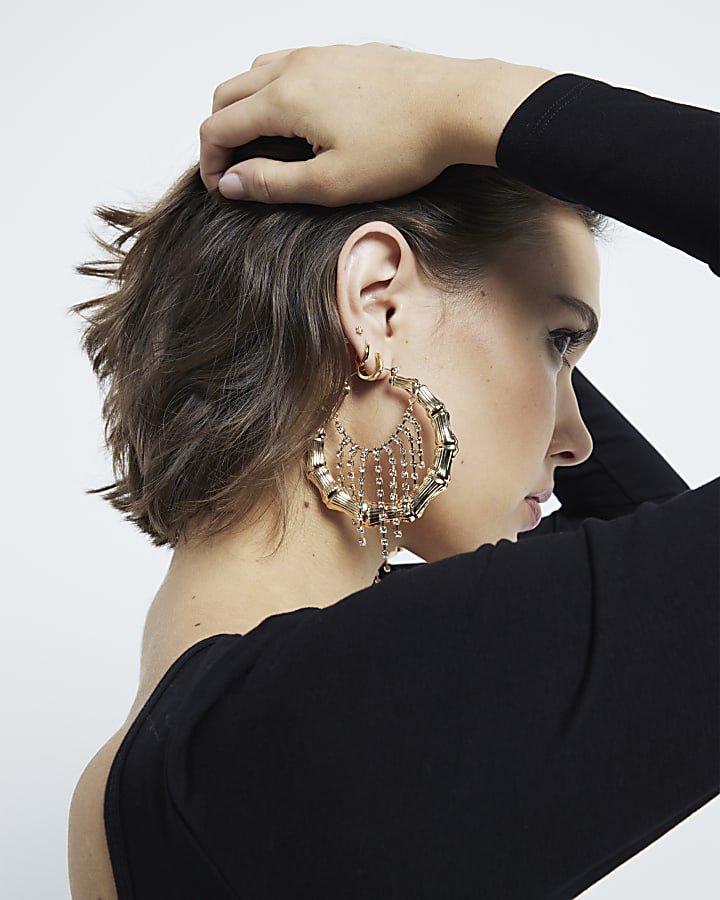 Gold Bamboo Cup Chain Hoop Earrings