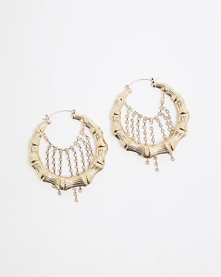 Gold Bamboo Cup Chain Hoop Earrings