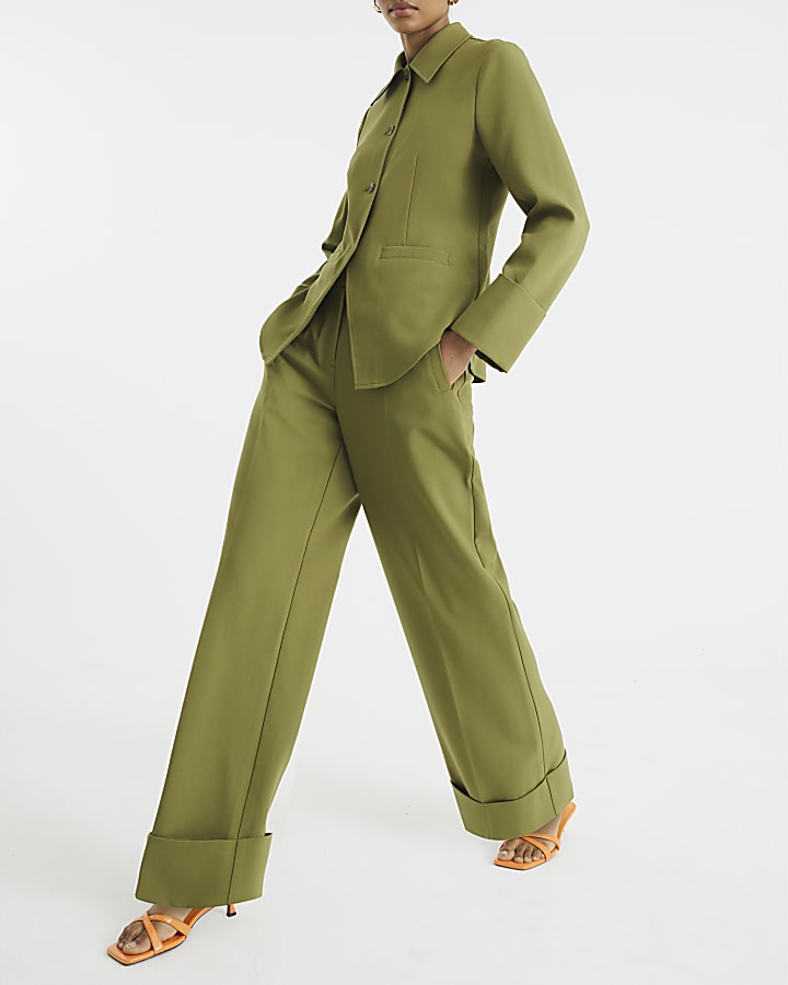 Khaki Pleated Wide Leg Trousers