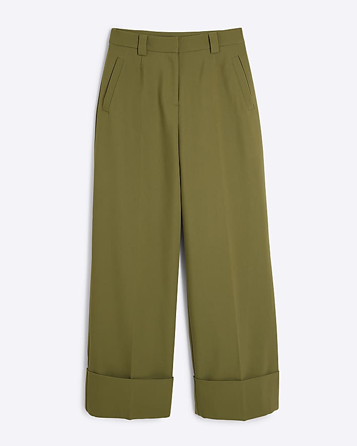 Khaki Pleated Wide Leg Trousers