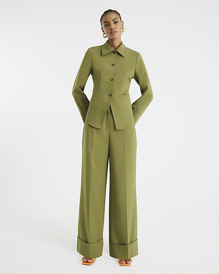 Khaki Pleated Wide Leg Trousers