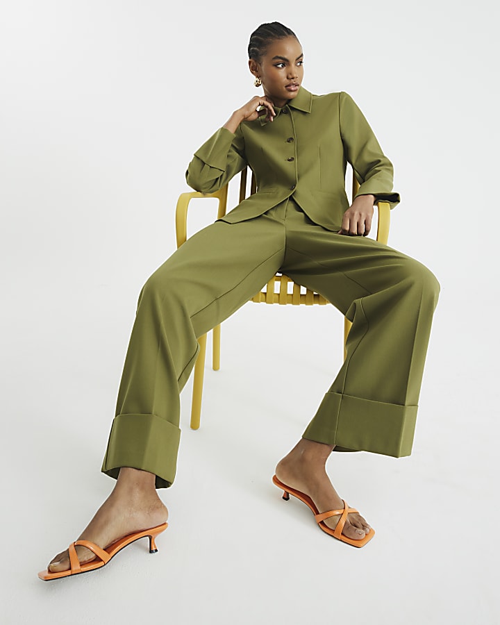 Khaki Pleated Wide Leg Trousers