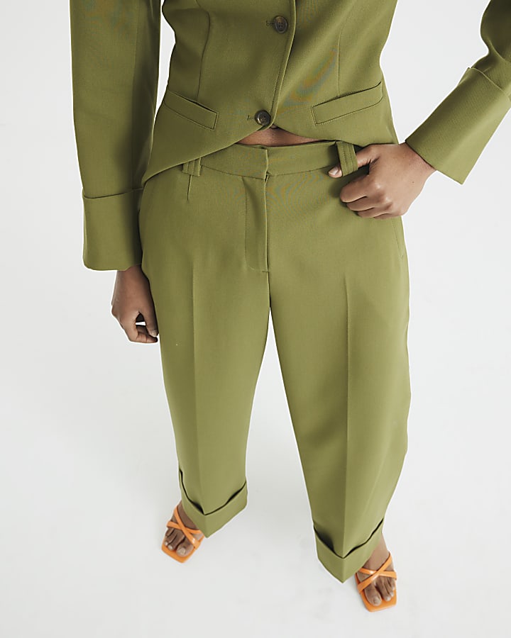 Khaki Pleated Wide Leg Trousers