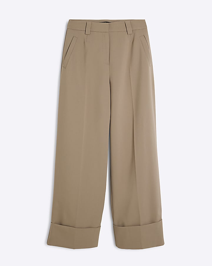 Beige Wide Leg Pleated Trousers