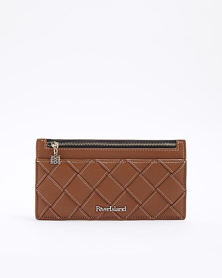 Brown Faux Leather Woven Zipped Pouch