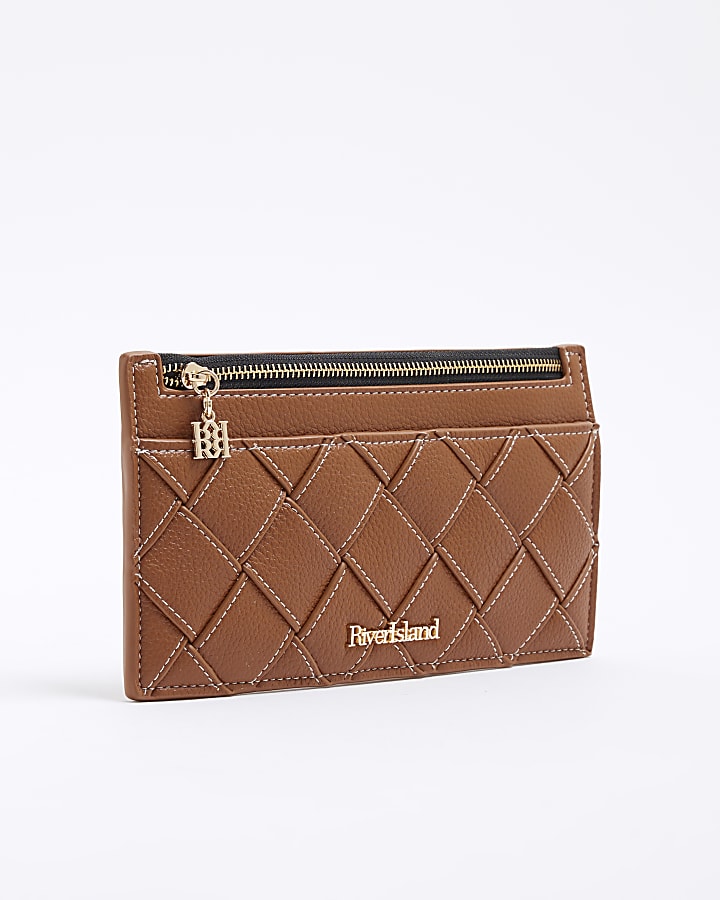 Brown Faux Leather Woven Zipped Pouch