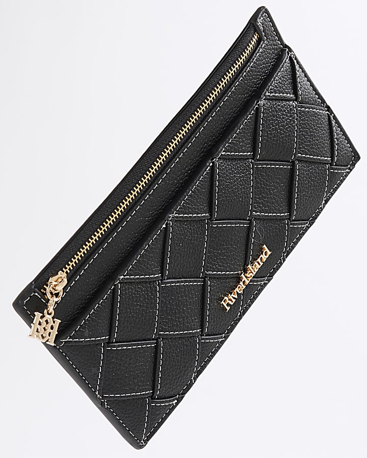 Black Faux Leather Woven Zipped Pouch