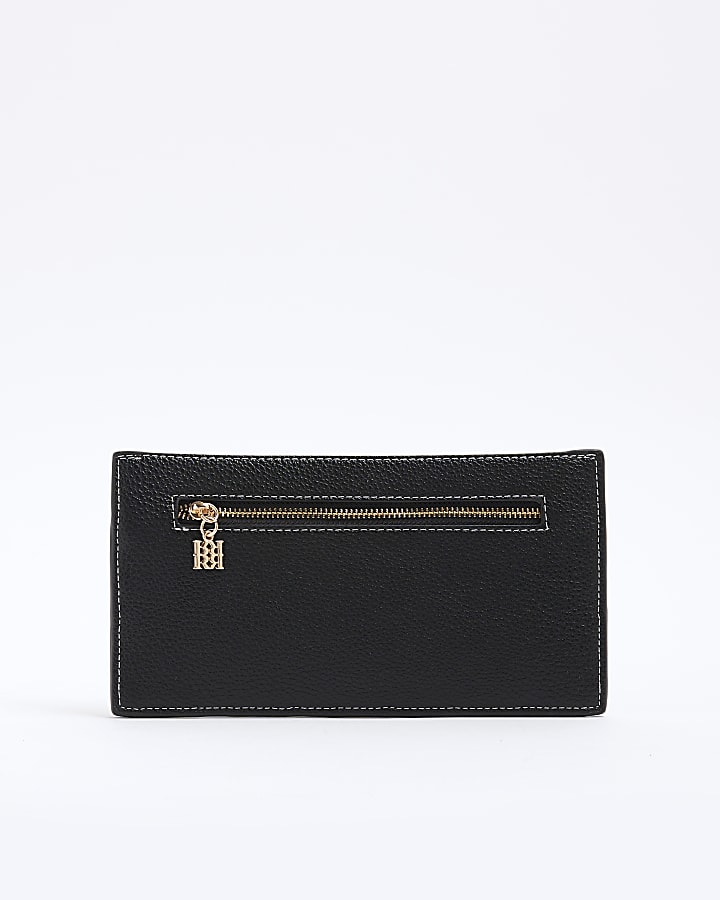 Black Faux Leather Woven Zipped Pouch