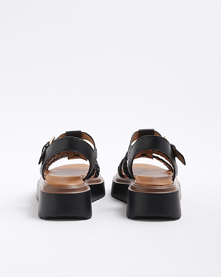 Black Wide Fit Faux Leather Flatform Sandals