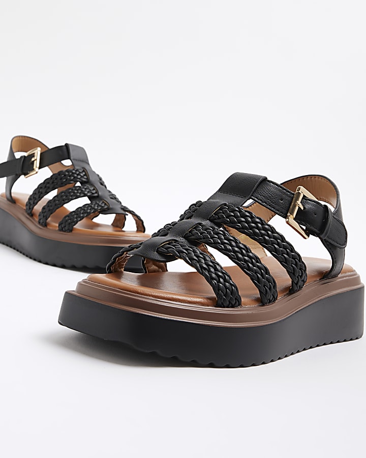 Black Wide Fit Faux Leather Flatform Sandals