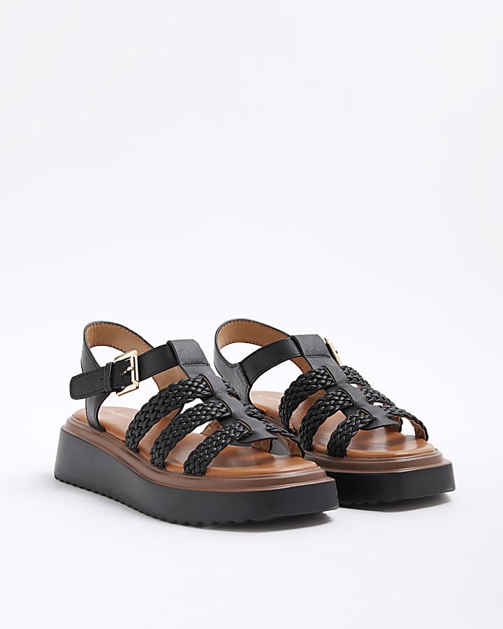 Black Wide Fit Faux Leather Flatform Sandals