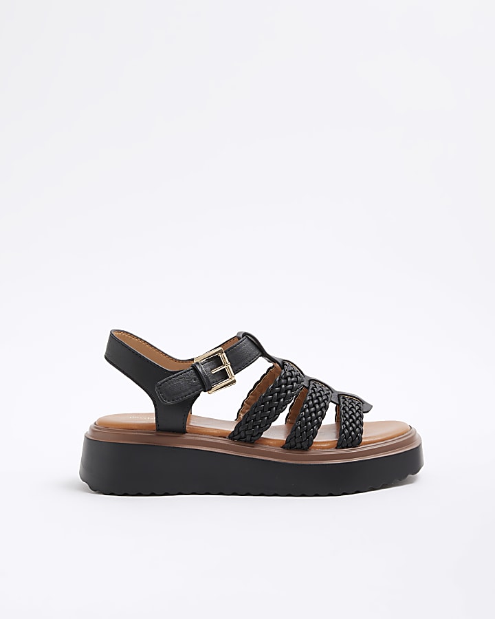 Black Wide Fit Faux Leather Flatform Sandals