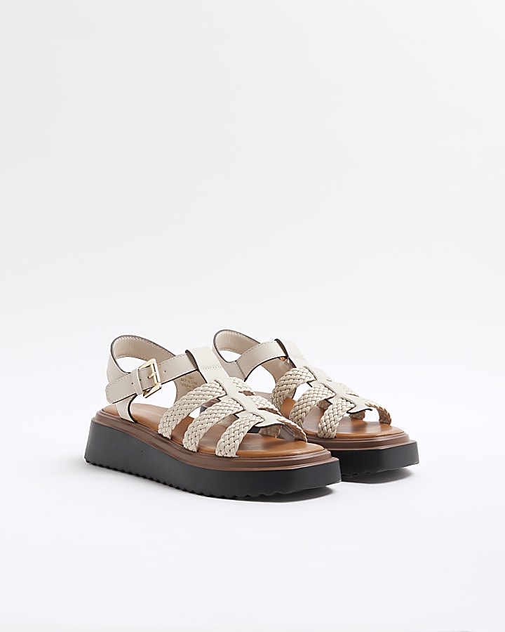 Cream Wide Fit Faux Leather Flatform Sandals