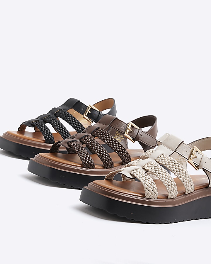 Brown Wide Fit Faux Leather Flatform Sandals