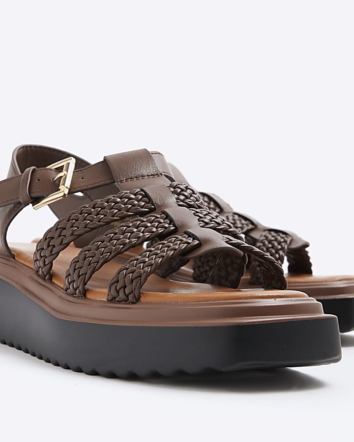 Brown Wide Fit Faux Leather Flatform Sandals