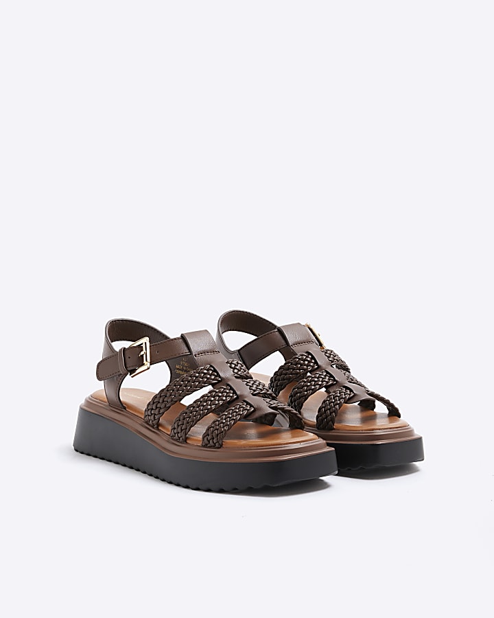 Brown Wide Fit Faux Leather Flatform Sandals