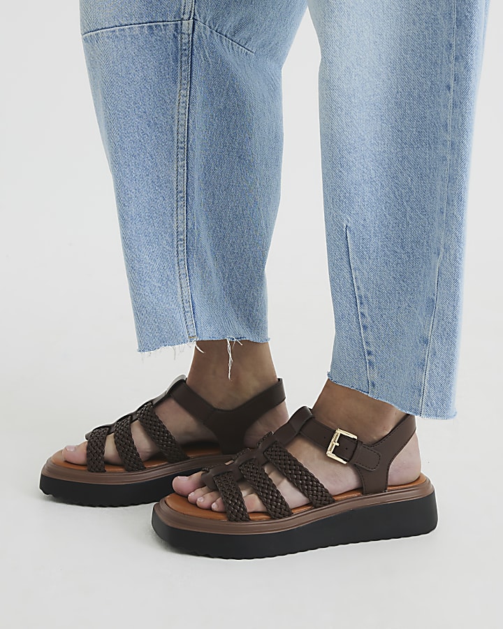 Brown Wide Fit Faux Leather Flatform Sandals