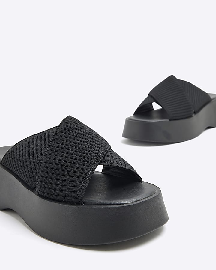 Black Wide Fit Flatform Mule Sandals