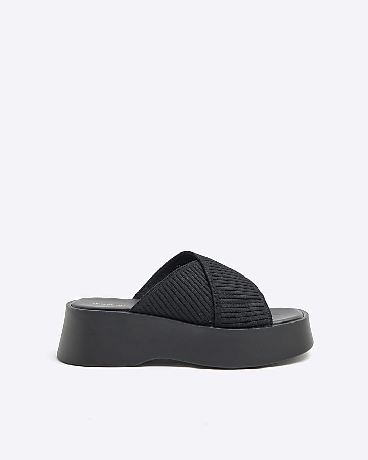 Black Wide Fit Flatform Mule Sandals