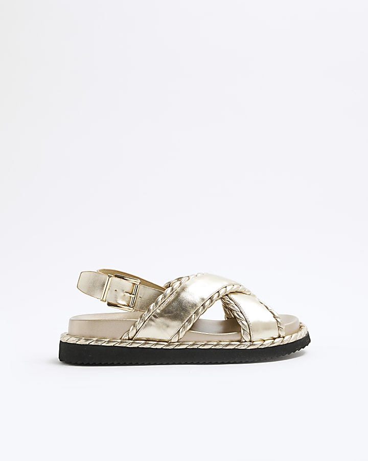 Gold Wide Fit Cross Strap Footbed Sandals