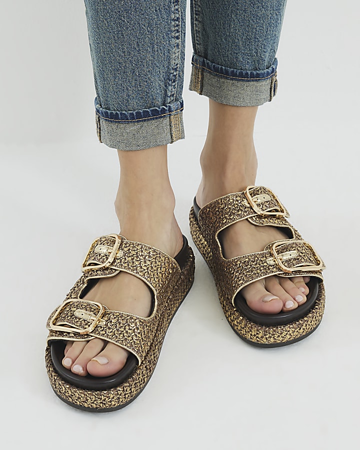 Gold Wide Fit Double Strap Footbed Sandals