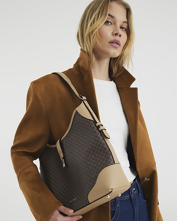 Brown Faux Leather Monogram Slouch Bag