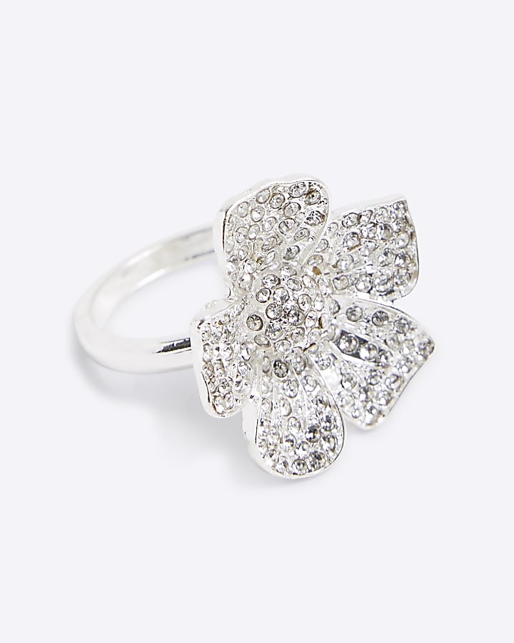 Silver Crystal Flower Ring