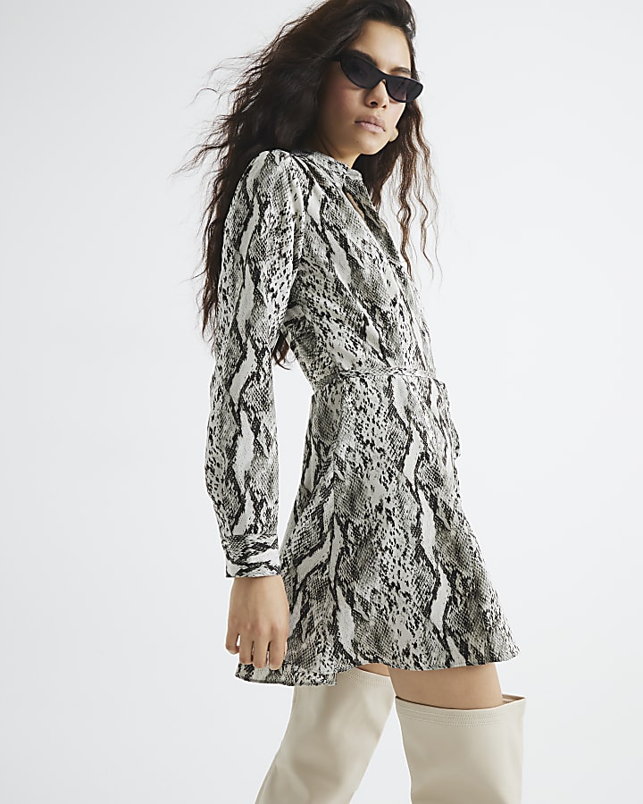 Grey Long Sleeve Snake Print Mini Shirt Dress