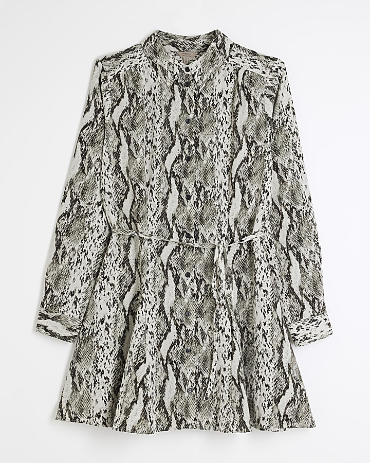 Grey Long Sleeve Snake Print Mini Shirt Dress