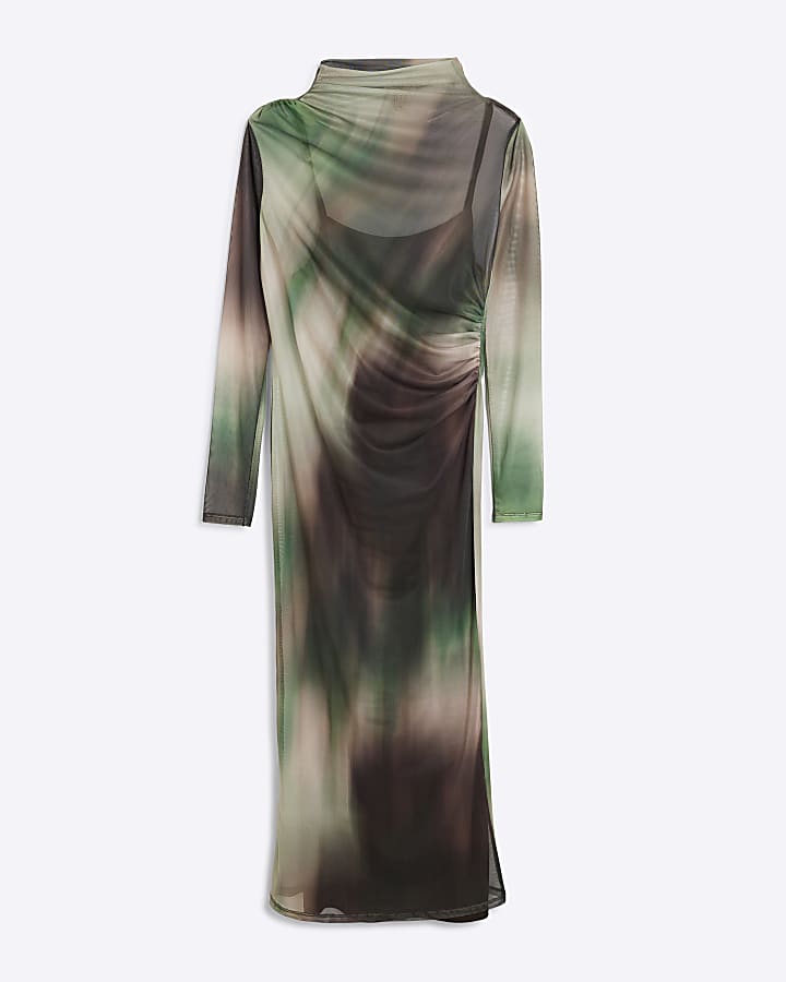 Green Long Sleeve Mesh Drape Ombre Midi Dress