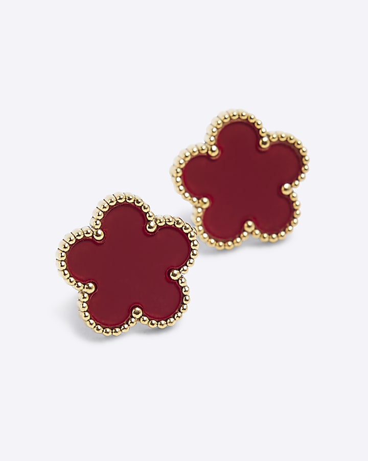 Red Stainless Steel Flower Stud Earrings