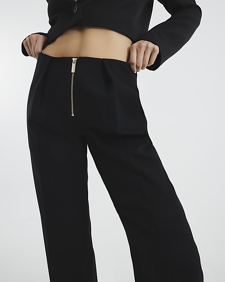 Black Zip Front Slim Leg Trousers