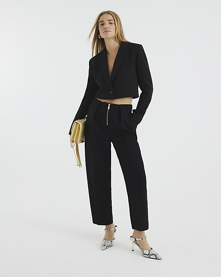 Black Zip Front Slim Leg Trousers