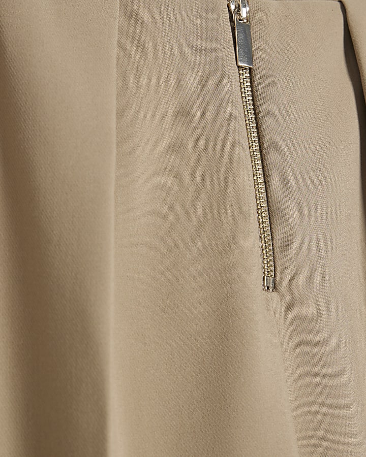 Beige Zip Front Slim Trousers