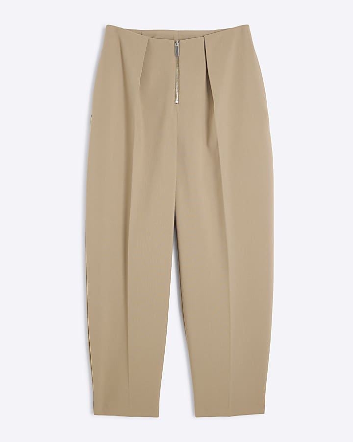 Beige Zip Front Slim Trousers