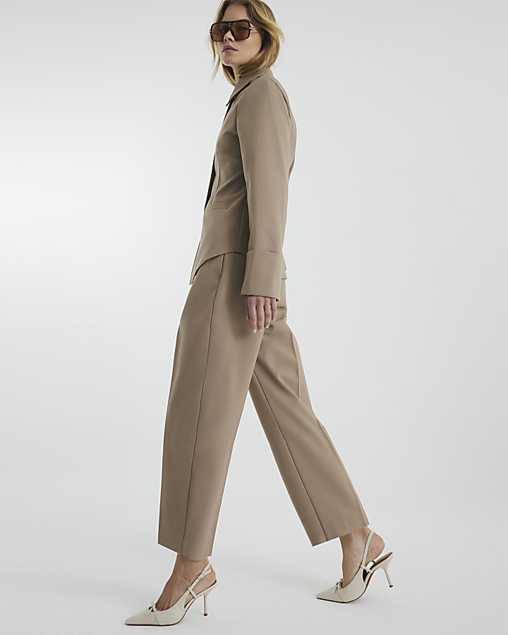 Beige Zip Front Slim Trousers