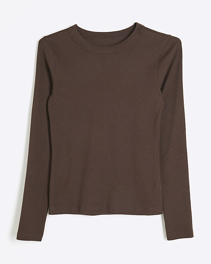 Brown Fitted Long Sleeve T-Shirt