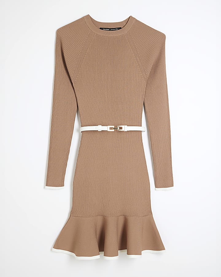 Brown Long Sleeve Peplum Mini Dress