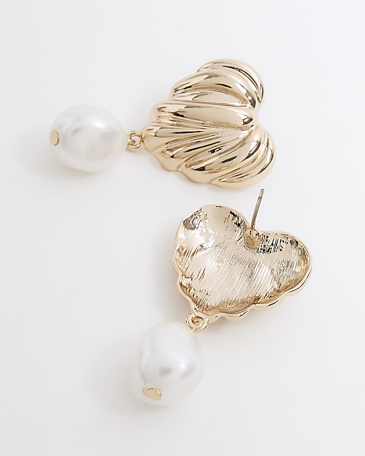 Gold Ribbed Heart Pearl Drop Earrings
