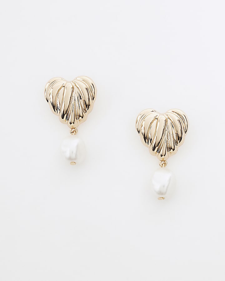Gold Ribbed Heart Pearl Drop Earrings