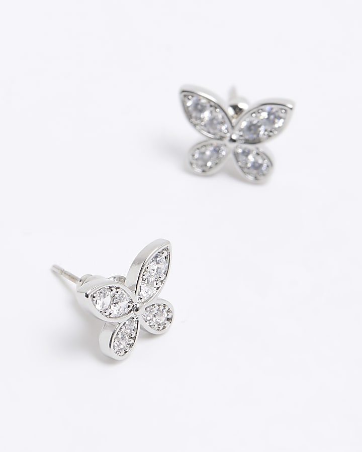 Silver Cubic Zirconia Butterfly Stud Earrings