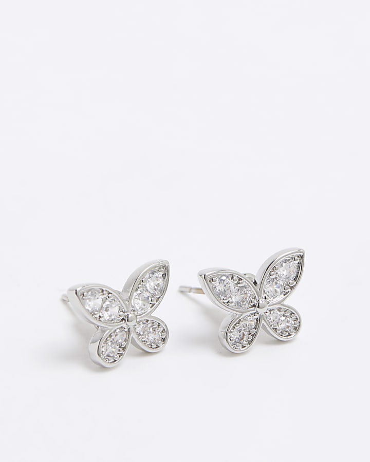 Silver Cubic Zirconia Butterfly Stud Earrings