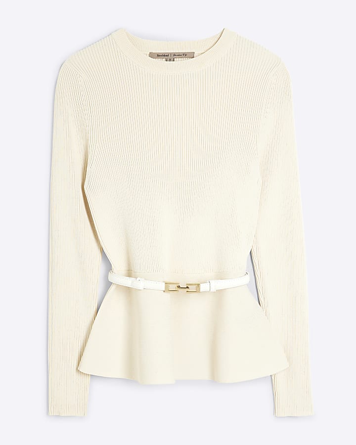 Cream Belted Peplum Long Sleeve Top