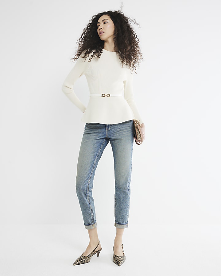 Cream Belted Peplum Long Sleeve Top