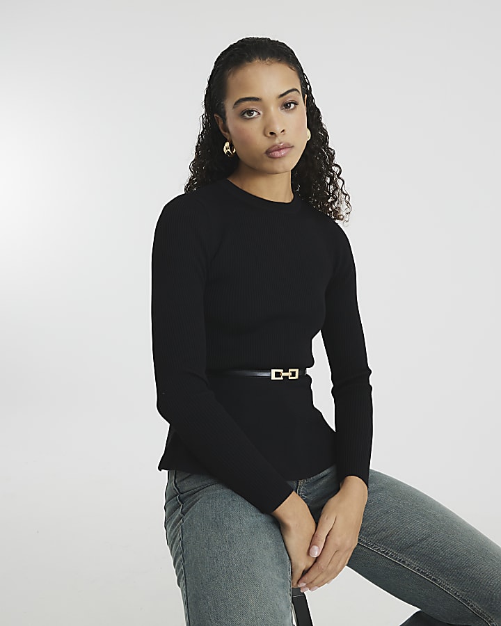 Black Belted Peplum Long Sleeve Top