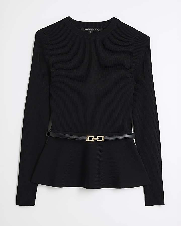 Black Belted Peplum Long Sleeve Top