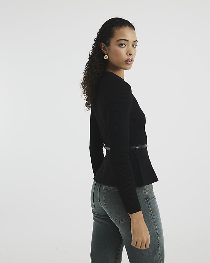 Black Belted Peplum Long Sleeve Top