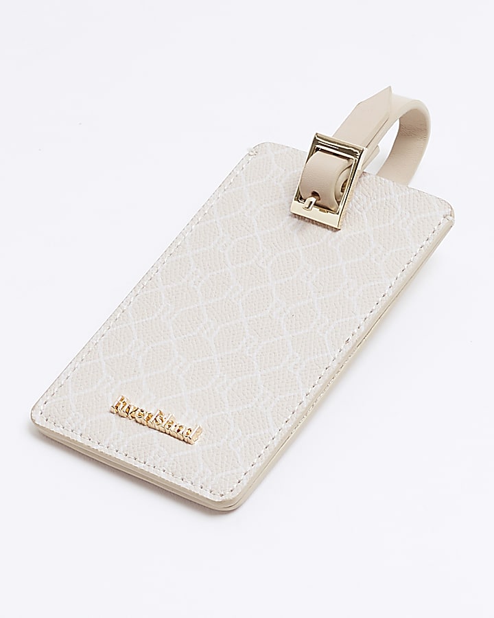 Beige Faux Leather Monogram Luggage Tag